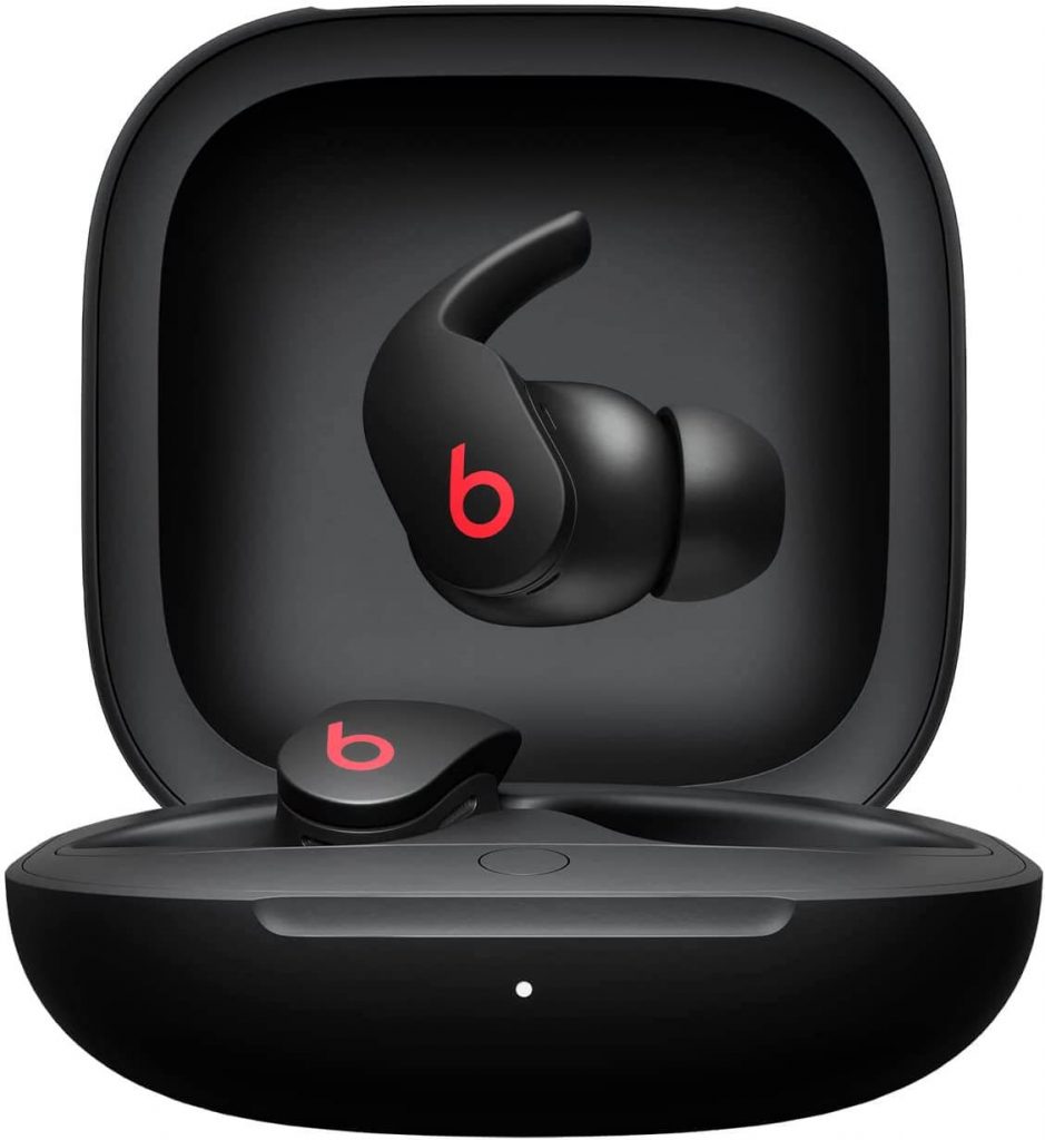 Black wireless Beats Fit Pro earbuds with red logo