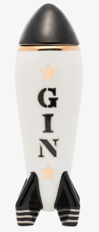 Rocket shaped, black and white Gin decanter with gold decorations